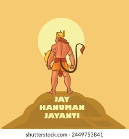 Hindu God Lord Hanuman standing on a mountain peak. Vector illustration. 