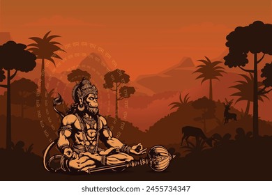 Hindu God Lord Hanumanji Maharaj in meditation pose in the jungle and chanting very powerful mantra pronounced "Ram" in Hindi language. 