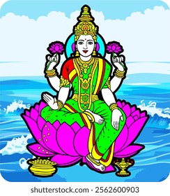 Hindu God Lord Lakshmi Vector Illustration Art