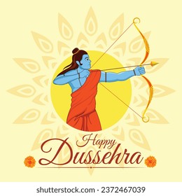 Hindu God Lord Ram with Arrow and bow with Happy Dussehra text vector illustration