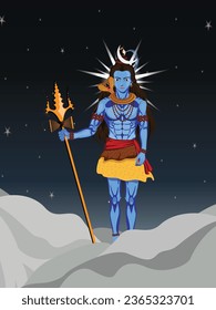 Hindu God Lord Shiva Standing Holding Trishul in Mountains with Stars in the Background - Graphical Illustration