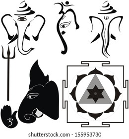 Hindu God Shri Ganesha and his attributes, yantra and trishul