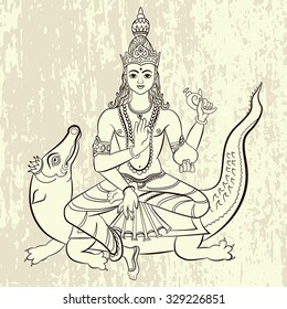 Hindu God Varuna sitting on the crocodile. Vector illustration.