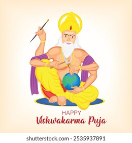 Deus Hindu Vishwakarma, Um Engenheiro Divino Do Universo, Vishwakarma Puja Banner Vetor Illustration