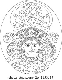 Hindu Goddess Durga Maa Line Art, Black and white line art illustration of the face of Goddess Durga, also known as Durga Maa, depicted in a traditional artistic style. Ideal for religious themes,