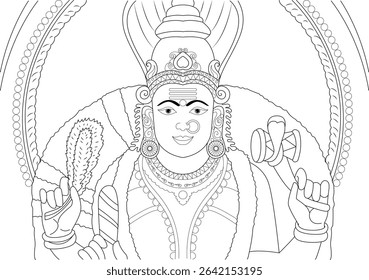 Hindu Goddess Gangai Amman Line Art Illustration, Detailed black and white line art illustration of the Hindu Goddess Gangai Amman, a powerful divine mother figure. Depicted in a traditional style,