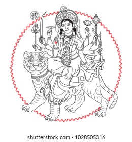 Hindu Goddess. Hand-drawn Vector illustration. Goddess Durga sitting on the tiger for Navratri Indian festival. Black line isolated on white. Linear vector illustration. Navaratri Greeting card.