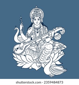 Hindu Goddess of Knowledge, Saraswathi's vector illustration.