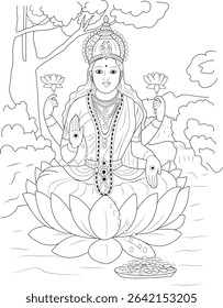 Hindu Goddess Lakshmi Mata Line Art, Line art illustration of Lakshmi Mata, the Hindu goddess of wealth, prosperity, and fortune. She is depicted seated on a lotus flower, holding lotuses, giving