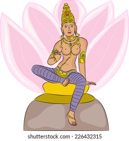 Hindu Goddess Lakshmi on a lotus flower isolated on white background
