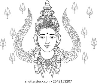Hindu Goddess Mahadevi Line Art Illustration, Black and white line art illustration of the Hindu goddess Mahadevi, a representation of the divine feminine. The artwork features the deity with