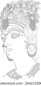Hindu Goddess Renuka Line Art Illustration, Detailed black and white line art illustration of the Hindu goddess Renuka, depicted in profile with intricate traditional jewelry and elaborate headwear.