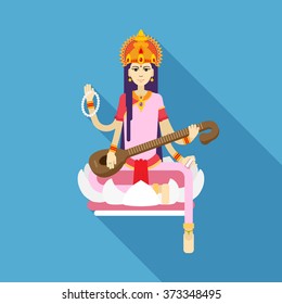 Hindu Goddess Saraswati. Happy Vasant Panchami. Vector flat illustration.