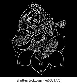 Hindu Goddess Saraswati. Vector hand drawn illustration.