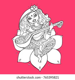 Hindu Goddess Saraswati. Vector hand drawn illustration.