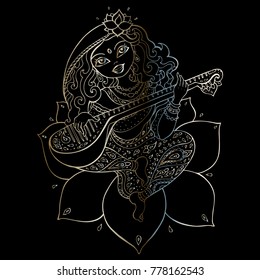 Hindu Goddess Saraswati. Vector hand drawn illustration.