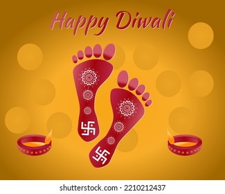 Hindu Godess laxmi's footprint for goodluck with text of Diwali greetings on blue background