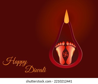 Hindu Godess laxmi's footprint for goodluck with text of Diwali greetings on blue background