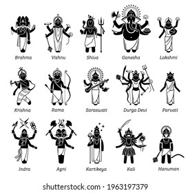 Hindu Gods, Goddess, and deities in stick figure icons. Vector illustrations of popular Hindu deities Brahma, Vishnu, Shiva, Genesha, Lakshmi, Krishna, Rama, Saraswati, Durga Devi, Kali, and Hanuman.
