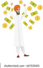 Hindu happy successful businessman standing with raised hands under money rain. Young excited businessman enjoying a rain of money. Vector flat design illustration isolated on white background.