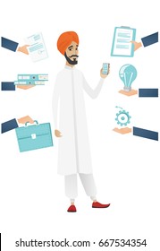 Hindu hard working businessman. Hard working businessman surrounded by many hands that give her a lot of work. Hard working concept. Vector flat design illustration isolated on white background.