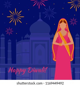 Hindu Holiday Greeting Card With Indian Elements. Light Festival Of India Happy Diwali. Woman Wearing Traditional Cloth Sari. Taj Mahal Temple Landmark In Agra With Fireworks