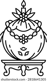 Hindu Kalash line art vector graphic. Indian festival Navratri, Diwali. Coconut, candle, flowers, leaves, necklace.