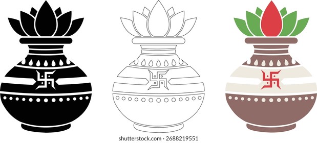 Hindu Kalash Vektorsymbol-Set mit Hakenkreuz-Symbol und Lotusblume, traditioneller indischer heiliger Topf