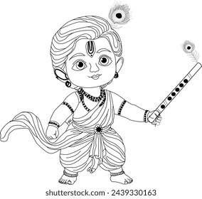 Hindu Lord Cute Little Krishna Vector Line Art