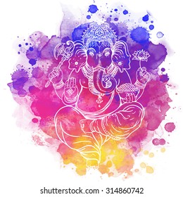 Hindu Lord Ganesha. Meditation concept. Vector illustration. Over colorful watercolor background.