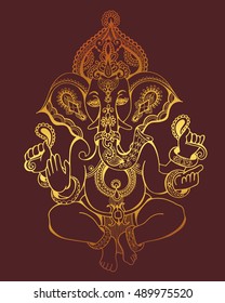 hindu lord ganesha ornate gold sketch drawing, tattoo, yoga, spirituality symbol, vector illustration 