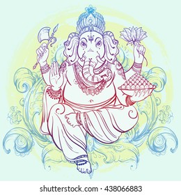 Hindu Lord Ganesha over decorative floral background. Vector illustration. Indian, Buddhism, Spiritual motifs