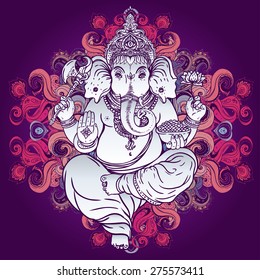 Hindu Lord Ganesha over ornate colorful mandala. Vector illustration.