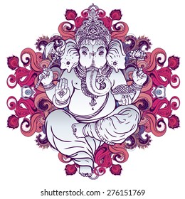 Hindu Lord Ganesha over ornate colorful mandala. Vector illustration.