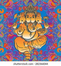 Hindu Lord Ganesha over ornate colorful mandala. Vector illustration.