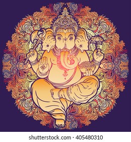 Hindu Lord Ganesha over ornate colorful mandala. Vector illustration. Vintage decorative vector elements isolated. Hand drawn paisley background. Indian motifs. Tattoo, yoga, spirituality, textiles.