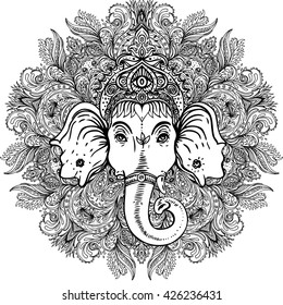 Hindu Lord Ganesha over ornate mandala pattern. Vector illustration. Vintage decorative. Hand drawn paisley background. Indian motifs. Tattoo, yoga, spirituality. Coloring book pages for adults
