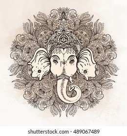 Hindu Lord Ganesha over ornate mandala pattern. Vector illustration. Vintage decorative. Hand drawn paisley background. Indian motifs. Tattoo, yoga, spirituality. Beige vintage background.