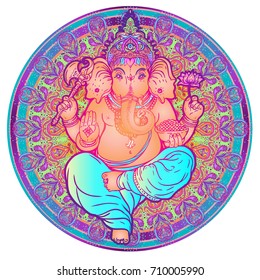 Hindu Lord Ganesha over ornate colorful mandala. Vector illustration. Elephant design, boho pattern, psychedelic ornaments. Ethnic poster, spiritual art, yoga. Indian god Ganesha symbol. T-shirt print