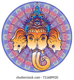 Hindu Lord Ganesha over ornate colorful mandala. Vector illustration. Elephant design, boho pattern, psychedelic ornaments. Ethnic poster, spiritual art, yoga. Indian god Ganesha symbol. T-shirt print