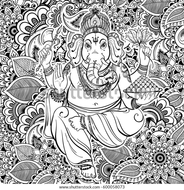 華やかなゼンタングル模様の上にヒンドゥー教の神ガネシャ ベクターイラスト 手描きの背景にゼンタングルスタイルをインスピレーション タトゥー ヨガ 瞑想 大人向けの 塗り絵本 のベクター画像素材 ロイヤリティフリー