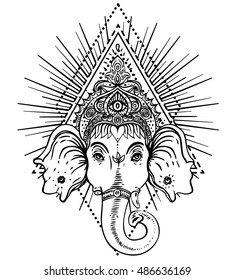 Hindu Lord Ganesha over sacred geometry shapes with rays. Vector illustration. Vintage decorative. Hand drawn paisley background. Indian motifs. Tattoo, yoga. Coloring book pages for adults 