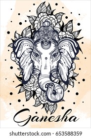 Hindu Lord Ganesha over watercolor background. Beautiful peony flowers around. High-detailed vector illustration, tattoo art, yoga, spa, meditation, boho design. Print, posters, t-shirts textiles