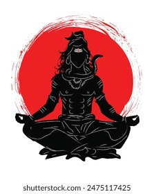 Señor hindú shiva en meditación con fondo abstracto de círculo rojo 