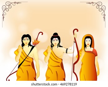 Hindu Lord Shri Rama with his wife Mata Sita and brother Laxman on shiny background for Indian Festival, Happy Dussehra celebration.