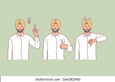 Hindu man has an idea. Like, dislike concept set. Excited Hindu in turban has genius idea. Happy Hindu man shows like sign. Angry disappointed Indian guy shows dislike. Emotional collection Simple flat vector