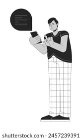 Hindu man with overweight holding phone black and white 2D line cartoon character. Plus sized indian male texting isolated vector outline person. Body positive monochromatic flat spot illustration