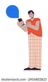 Hindu man with overweight holding smartphone 2D linear cartoon character. Plus sized indian male texting isolated line vector person white background. Body positive color flat spot illustration