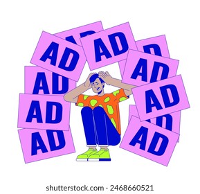 Hindu man suffering from aggressive marketing 2D linear illustration concept. Indian male hiding from ads cartoon character isolated on white. Targeting metaphor abstract flat vector outline graphic