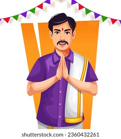 Hindu man in traditional Indian outfits praying on Diwali. Decorative background vector graphic illustration